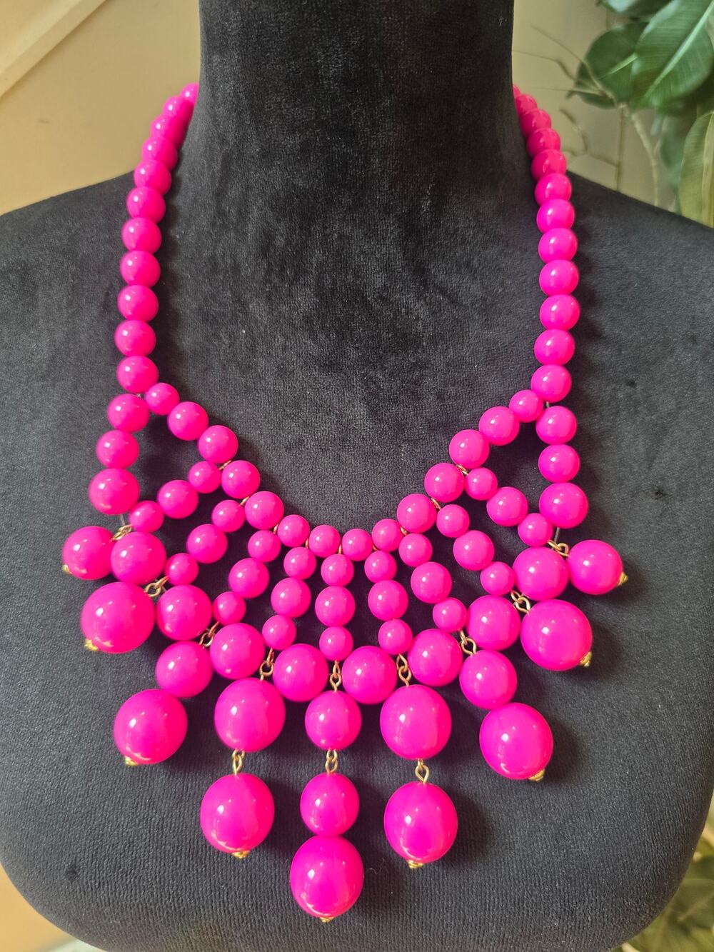 Hot Pink Beaded Bib Statement Necklace Chunky Layered Bubble Fashion Jewelry